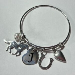 J Initial Horse Girl Pearl Lucky Charm Bangle Bracelet Heart Horseshoe